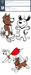Size: 600x1417 | Tagged: safe, artist:askwinonadog, character:winona, species:dog, ask, ask winona, bipedal, cape, clothing, crossover, dancing, krypto the superdog, misspelling, simple background, snoopy, tumblr, white background