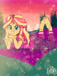 Size: 1800x2400 | Tagged: safe, artist:artmlpk, character:sunset shimmer, episode:wake up!, g4, my little pony: equestria girls, my little pony:equestria girls, spoiler:choose your own ending (season 2), spoiler:eqg series (season 2), barefoot, cute, feet, female, looking at you, scene interpretation, shimmerbetes, solo, the pose, wake up!: rainbow dash