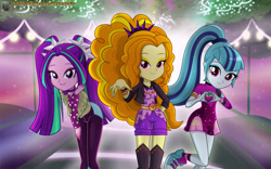Size: 1920x1200 | Tagged: safe, artist:charliexe, character:adagio dazzle, character:aria blaze, character:sonata dusk, episode:find the magic, g4, my little pony: equestria girls, my little pony:equestria girls, spoiler:eqg series (season 2), adoragio, ariabetes, armband, boots, bracelet, clothing, converse, cute, eyeshadow, female, heart hands, jacket, jewelry, makeup, pigtails, ponytail, shoes, shorts, smiling, sneakers, sonatabetes, spiked wristband, taco dress, the dazzlings, the dazzlings have returned, trio, trio female, twintails, wristband