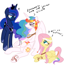 Size: 800x900 | Tagged: safe, artist:otterlore, character:fluttershy, character:princess celestia, character:princess luna, species:alicorn, species:pegasus, species:pony, species:unicorn, g4, colored pupils, cute, cutelestia, dialogue, english, female, henna, high, hippie, hippieshy, hoof shoes, lunabetes, mare, missing wing, peace sign, question mark, rainbow, shyabetes, sidemouth, simple background, sitting, standing, stoned, transparent background, trio, trio female, wat