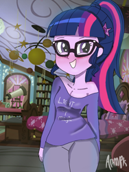 Size: 768x1024 | Tagged: safe, artist:artmlpk, character:twilight sparkle, character:twilight sparkle (scitwi), species:eqg human, species:human, my little pony:equestria girls, bedroom, blushing, breasts, clothing, cute, fanart, female, geode of telekinesis, looking at you, magical geodes, off shoulder, shoulderless, solo, stars, twiabetes