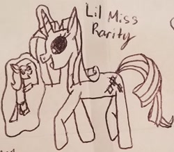 Size: 926x811 | Tagged: safe, artist:rainbow dash is best pony, character:pinkamena diane pie, character:pinkie pie, character:rarity, species:pony, species:unicorn, lil-miss rarity, black sclera, pen drawing, pinkamena doll, traditional art