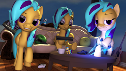 Size: 3840x2160 | Tagged: safe, artist:quicktimepony, oc, oc only, oc:blizzard flare, oc:soloist song, species:pegasus, species:pony, 3d, 4k, controller, couch, cup, dualshock controller, energy sword, guitar, keyboard, looking at you, source filmmaker, table, window, xbox one, xbox one controller