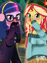Size: 1800x2400 | Tagged: safe, artist:artmlpk, character:sunset shimmer, character:twilight sparkle, character:twilight sparkle (scitwi), species:eqg human, my little pony:equestria girls, alternate hairstyle, beanie, blushing, campfire, clothing, coat, cold, cute, duo, earmuffs, female, galaxy, hat, oversized clothes, oversized shirt, peace sign, red nosed, shimmerbetes, shirt, shoulders, snow, twiabetes, winter, winter outfit