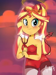 Size: 1800x2400 | Tagged: safe, artist:artmlpk, character:sunset shimmer, my little pony:equestria girls, alternate hairstyle, angel and devil, blushing, clothing, costume, cute, devil horns, devil tail, female, halloween, halloween costume, halo, holiday, horns, looking at you, pitchfork, pose, red, red clouds, shimmerbetes, solo