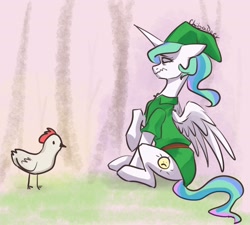 Size: 2500x2246 | Tagged: safe, artist:chibadeer, character:princess celestia, species:alicorn, species:bird, species:chicken, species:pony, episode:between dark and dawn, g4, my little pony: friendship is magic, alektorophobia, clothing, cucco, elf hat, female, hat, link's hat, link's tunic, mare, profile, sitting, the legend of zelda