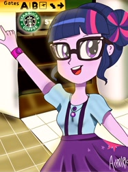 Size: 1800x2401 | Tagged: safe, artist:artmlpk, character:twilight sparkle, character:twilight sparkle (scitwi), species:eqg human, my little pony:equestria girls, airport, bun, clothing, female, gate, geode of telekinesis, glasses, looking at you, magical geodes, pointing, skirt, solo, starbucks, vacation, watch
