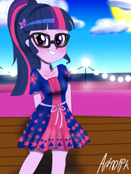 Size: 1800x2400 | Tagged: safe, artist:artmlpk, character:twilight sparkle, character:twilight sparkle (scitwi), species:eqg human, equestria girls:spring breakdown, g4, my little pony: equestria girls, my little pony:equestria girls, spoiler:eqg series (season 2), blushing, cruise, cute, female, geode of telekinesis, magical geodes, smiling, solo, twiabetes