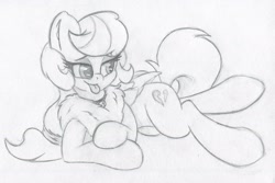 Size: 2478x1652 | Tagged: safe, artist:zemer, oc, oc:feather belle, species:pony, bell, bell collar, chest fluff, collar, draw me like one of your french girls, fluffy, hair tie, monochrome, solo, tongue out