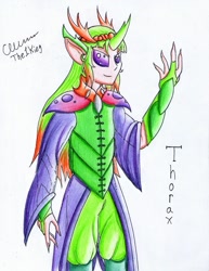 Size: 1024x1327 | Tagged: safe, artist:the1king, character:thorax, species:changeling, species:human, species:reformed changeling, armor, bracer, crown, horn, horned humanization, humanized, jewelry, male, pointed ears, regalia, solo