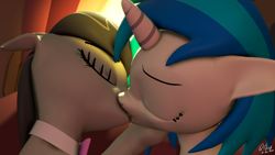 Size: 1920x1080 | Tagged: safe, artist:quicktimepony, character:dj pon-3, character:octavia melody, character:vinyl scratch, species:pony, species:unicorn, ship:scratchtavia, 3d, bow tie, couch, ears, eyes closed, female, kissing, lesbian, mane, salivating, shipping, signature, source filmmaker, window