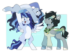 Size: 1436x1051 | Tagged: safe, artist:shady-bush, oc, oc only, oc:azure, oc:bunny army, oc:satin wing, species:pegasus, species:pony, bipedal, clothing, colored wings, female, male, mare, multicolored wings, stallion, wings