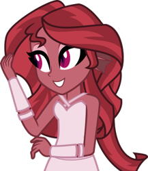 Size: 323x372 | Tagged: safe, artist:mlp-trailgrazer, oc, oc:mezma, my little pony:equestria girls, alternate hairstyle, clothing, disguise, disguised siren, dress, equestria girls-ified, female, implied sunset shimmer, simple background, sleeveless, smiling, solo, species swap, transparent background