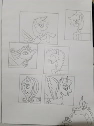 Size: 3024x4032 | Tagged: safe, artist:rainbow dash is best pony, character:applejack, character:fluttershy, character:pinkie pie, character:rainbow dash, character:rarity, character:spike, character:twilight sparkle, character:twilight sparkle (alicorn), species:alicorn, species:earth pony, species:pegasus, species:pony, species:unicorn, adult, adult spike, clothing, diamond, gem, hat, mane six, older, older spike, pencil drawing, pictures, sad, spikezilla, spread wings, traditional art, wings