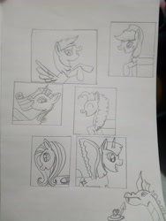 Size: 3024x4032 | Tagged: safe, artist:rainbow dash is best pony, character:applejack, character:fluttershy, character:pinkie pie, character:rainbow dash, character:rarity, character:spike, character:twilight sparkle, character:twilight sparkle (alicorn), species:alicorn, species:dragon, species:earth pony, species:pegasus, species:pony, species:unicorn, adult, adult spike, diamond, gem, happy, heart, mane six, monochrome, older, older spike, pencil drawing, pictures, sad, spikezilla, spread wings, traditional art, wings