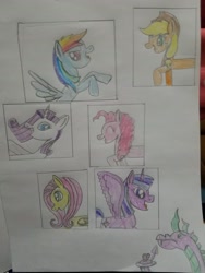 Size: 3024x4032 | Tagged: safe, artist:rainbow dash is best pony, character:applejack, character:fluttershy, character:pinkie pie, character:rainbow dash, character:rarity, character:spike, character:twilight sparkle, character:twilight sparkle (alicorn), species:alicorn, species:dragon, species:earth pony, species:pegasus, species:pony, species:unicorn, adult, adult spike, colored in, colored pencil drawing, diamond, gem, heart, mane six, older, older spike, pencil drawing, pictures, spikezilla, spread wings, traditional art, wings