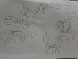 Size: 4032x3024 | Tagged: safe, artist:rainbow dash is best pony, oc, oc only, oc:paintash, oc:rainbowrio, oc:raripledash, oc:readerlight, species:alicorn, species:earth pony, species:pegasus, species:pony, alicorn oc, best pony, earth pony oc, pegasus oc, pencil drawing, traditional art