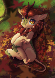 Size: 2400x3400 | Tagged: safe, artist:ardail, character:autumn blaze, species:kirin, episode:sounds of silence, g4, my little pony: friendship is magic, autumn, awwtumn blaze, cloven hooves, colored hooves, colored pupils, cute, ear fluff, eyebrows, female, high res, hooves, leaves, leg fluff, smiling, solo, three quarter view, unshorn fetlocks