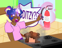 Size: 1280x986 | Tagged: safe, artist:cubbybatdoodles, character:twilight sparkle, species:human, baking, cake, clothing, cooking, dark skin, female, fire extinguisher, food, horn, horned humanization, humanized, implied derpy, implied lesbian, implied twerpy, kitchen, refrigerator, shirt, solo, stove