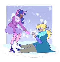 Size: 1280x1310 | Tagged: safe, artist:cubbybatdoodles, character:derpy hooves, character:twilight sparkle, species:human, clothing, ditzy doo, earmuffs, horn, horned humanization, humanized, ice skating, pantyhose, scarf, skating, skirt, wing ears
