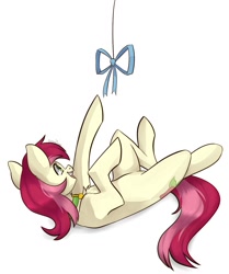 Size: 1161x1392 | Tagged: safe, artist:chibadeer, character:roseluck, species:earth pony, species:pony, behaving like a cat, bow, catpony, chest fluff, collar, cute, cuteluck, ear fluff, female, fluffy, mare, on back, original species, pet tag, pony pet, rosepet, solo