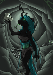 Size: 631x879 | Tagged: safe, artist:sinrar, character:queen chrysalis, species:anthro, species:changeling, cave, changeling queen, female, mask, solo