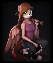 Size: 1820x2160 | Tagged: safe, artist:imafutureguitarhero, oc, oc only, oc:vixen, species:anthro, species:pegasus, species:plantigrade anthro, species:pony, 3d, baseball bat, boots, border, brown hair, chromatic aberration, clothing, colored eyebrows, colored wings, commission, eyeshadow, face mask, female, film grain, floppy ears, kneeling, lidded eyes, looking at you, makeup, mare, multicolored hair, pants, raised eyebrow, shoes, signature, solo, source filmmaker, tank top, wings