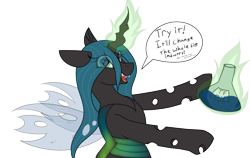 Size: 2721x1719 | Tagged: safe, artist:codras, character:queen chrysalis, species:changeling, changeling queen, female, flask, heart eyes, imminent transformation, magic, open mouth, quadrupedal, simple background, solo, tra, transparent background, wingding eyes