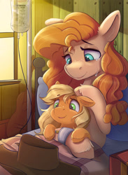 Size: 2200x3000 | Tagged: safe, artist:ardail, character:applejack, character:pear butter, species:earth pony, species:pony, g4, applejack's hat, ardail is trying to murder us, bed, bittersweet, clothing, cowboy hat, crying, cute, dawwww, ear fluff, emotional, feels, female, filly, floppy ears, freckles, guitar, hat, high res, hnnng, hospital, hospital bed, indoors, iv bag, jackabetes, lidded eyes, mother and child, mother and daughter, open mouth, pearabetes, sad, sadorable, siblings, smiling, tearjerker, tears of joy, this will end in tears, this will end in tears and/or death, weapons-grade cute, younger