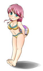 Size: 1200x1970 | Tagged: safe, artist:midnightpremiere, character:fluttershy, species:human, anime, barefoot, beach ball, belly button, bikini, clothing, feet, female, humanized, solo, swimsuit