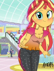 Size: 1800x2400 | Tagged: safe, artist:artmlpk, character:aqua blossom, character:diamond tiara, character:scribble dee, character:sunset shimmer, character:velvet sky, g4, my little pony:equestria girls, alternate hairstyle, background human, blushing, canterlot mall, cute, female, mall, peace sign, screenshot background, shimmerbetes, solo, velvet sky