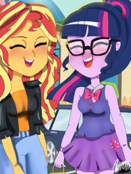 Size: 1800x2400 | Tagged: safe, artist:artmlpk, character:sunset shimmer, character:twilight sparkle, character:twilight sparkle (scitwi), species:eqg human, my little pony:equestria girls, adorable face, adorkable, alternate costumes, blushing, clothing, cute, dork, duo, eyes closed, female, laughing, shimmerbetes, twiabetes, watch