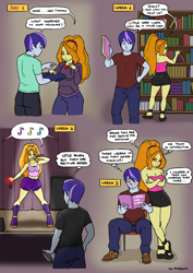 Size: 1240x1748 | Tagged: safe, artist:rambon7, character:adagio dazzle, oc, my little pony:equestria girls, adoragio, armpits, blushing, book, boots, breasts, canon x oc, cleavage, clothing, comic, cute, disguise, disguised siren, gem, hoodie, jewelry, legs, lidded eyes, looking back, looking over shoulder, miniskirt, pendant, platform shoes, ponytail, sandals, shoes, shorts, singing, siren gem, skirt, thighs