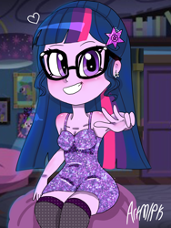 Size: 1800x2400 | Tagged: safe, artist:artmlpk, character:spike, character:spike (dog), character:twilight sparkle, character:twilight sparkle (scitwi), species:dog, species:eqg human, my little pony:equestria girls, alternate hairstyle, armpits, blushing, blushing ears, clothing, cute, design, dress, ear piercing, earring, female, geode of telekinesis, glasses, hair, hair accessory, heart, jewelry, looking at you, loose hair, magical geodes, party dress, peace sign, piercing, smiley face, socks, solo, sparkles, tights, twiabeetus, twiabetes