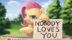 Size: 1920x1080 | Tagged: safe, artist:amarthgul, character:fluttershy, species:pegasus, species:pony, dreamworks face, female, flutterbitch, grass, grin, mare, out of character, raised hoof, sad but true, sign, smiling, solo, tree