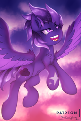 Size: 1500x2250 | Tagged: safe, artist:shad0w-galaxy, oc, oc:shadow galaxy, species:pegasus, species:pony, big wings, evening, female, flying, looking up, mare, open mouth, solo, wings