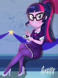 Size: 1800x2400 | Tagged: safe, artist:artmlpk, character:twilight sparkle, character:twilight sparkle (scitwi), species:eqg human, episode:twilight under the stars, g4, my little pony: equestria girls, my little pony:equestria girls, spoiler:eqg series (season 2), blushing, cake, cute, female, food, high heels, legs, looking at you, ponytail, shoes, sitting, smiling, solo, twiabetes