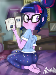 Size: 1800x2400 | Tagged: safe, artist:artmlpk, character:twilight sparkle, character:twilight sparkle (scitwi), species:eqg human, my little pony:equestria girls, angry, back, bed, bedroom, blushing, book, bun, clothing, cute, feet, female, hair bun, looking back, nerd, pajamas, reading, sci-twi's room, sci-twibutt, solo, twiabetes, twibutt