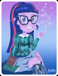 Size: 696x913 | Tagged: safe, alternate version, artist:artmlpk, character:twilight sparkle, character:twilight sparkle (scitwi), species:eqg human, my little pony:equestria girls, big smile, blushing, book, chic, clothing, cute, female, looking at you, nerd, nerdy, noise, old school, old timey, older, peace sign, smiley face, socks, solo, twiabetes, uniform