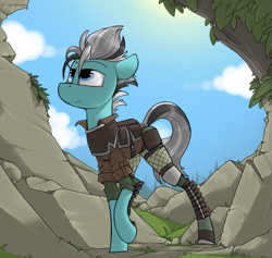 Size: 1047x991 | Tagged: safe, artist:sinrar, oc, oc only, oc:tireless tracker, species:earth pony, species:pony, armor, clothing, commission, explorer outfit, exploring, male, solo, stallion