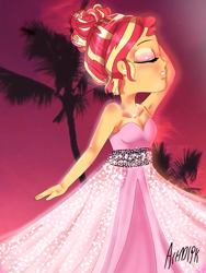 Size: 1800x2400 | Tagged: safe, artist:artmlpk, character:sunset shimmer, my little pony:equestria girls, alternate hairstyle, armpits, beach, beautiful, clothing, cute, design, diamond, digital art, dress, eyelashes, eyes closed, eyeshadow, fashion, female, hand on head, makeup, party, party dress, pretty, shimmerbetes, solo, sunset