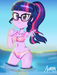 Size: 1800x2400 | Tagged: safe, artist:artmlpk, character:twilight sparkle, character:twilight sparkle (scitwi), species:eqg human, my little pony:equestria girls, armpits, beach, belly button, bikini, blushing, breasts, cleavage, clothing, cute, female, geode of telekinesis, hair, hand, lip bite, looking at you, magical geodes, midriff, ocean, ponytail, reflection, smiling, smirk, solo, swimsuit, twiabetes
