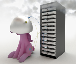 Size: 1280x1080 | Tagged: safe, artist:amarthgul, character:pinkie pie, species:pony, newbie artist training grounds, 3d, atg 2019, cloud storage, electrode, female, mainframe, pun, server, smoke, solo, visual gag