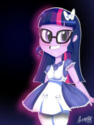 Size: 1800x2400 | Tagged: safe, artist:artmlpk, character:twilight sparkle, character:twilight sparkle (scitwi), species:eqg human, my little pony:equestria girls, alice in wonderland, alternate hairstyle, big smile, blushing, bow, cute, female, smiley face, solo, twiabetes