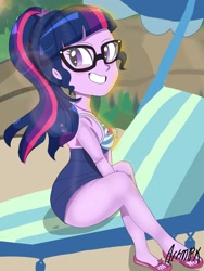 Size: 1800x2400 | Tagged: safe, artist:artmlpk, character:twilight sparkle, character:twilight sparkle (scitwi), species:eqg human, g4, my little pony: equestria girls, my little pony:equestria girls, anatomically incorrect, beach, beach chair, blushing, clothing, cute, feet, female, flip-flops, geode of telekinesis, magical geodes, ponytail, smiley face, solo, swimsuit, twiabetes