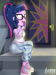 Size: 1800x2400 | Tagged: safe, artist:artmlpk, character:twilight sparkle, character:twilight sparkle (scitwi), species:eqg human, my little pony:equestria girls, bandage, blushing, clothing, converse, cute, female, food, house, licking, melting, pants, plaid, ponytail, popsicle, shoes, sneakers, solo, striped shirt, tongue out, twiabetes