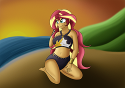 Size: 3300x2320 | Tagged: safe, artist:diaperednight, character:sunset shimmer, g4, my little pony: equestria girls, my little pony:equestria girls, beach, belly button, bikini, clothing, female, high res, hill, ocean, sand, smiling, solo, summer sunset, swimsuit