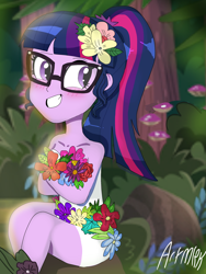 Size: 1800x2400 | Tagged: safe, artist:artmlpk, character:twilight sparkle, character:twilight sparkle (scitwi), species:eqg human, my little pony:equestria girls, blushing, crossed arms, cute, female, flower, flower in hair, plant, plants, ponytail, rose, smiley face, solo, tree, twiabetes