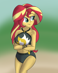 Size: 2400x3000 | Tagged: safe, artist:diaperednight, character:sunset shimmer, g4, my little pony: equestria girls, my little pony:equestria girls, belly button, bikini, clothing, crossed arms, female, high res, smiling, solo, summer sunset, swimsuit