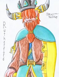 Size: 1024x1327 | Tagged: safe, artist:the1king, character:prince rutherford, species:human, beard, crown, ear piercing, earring, facial hair, horn, horned humanization, humanized, jewelry, male, piercing, regalia, solo